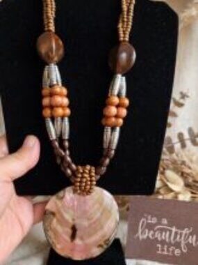 Tribal Shell Pendant Necklace with Wood Beads & Silver-Tone Accents